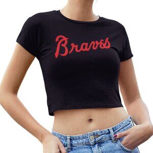 NEW Atlanta Braves Script Spellout Team Color Pop Form Fit Crop Top Shirt BLACK